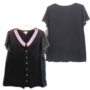 Short Sleeve Button Pajama Top Loungewear L Lace Trim Black Dark Cottage Girly